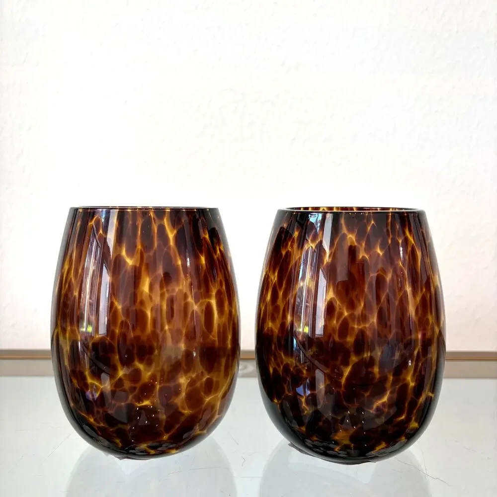 NEW Tortoise Shell Stemless Wine Glass Set of 2 Chic Barware 15oz